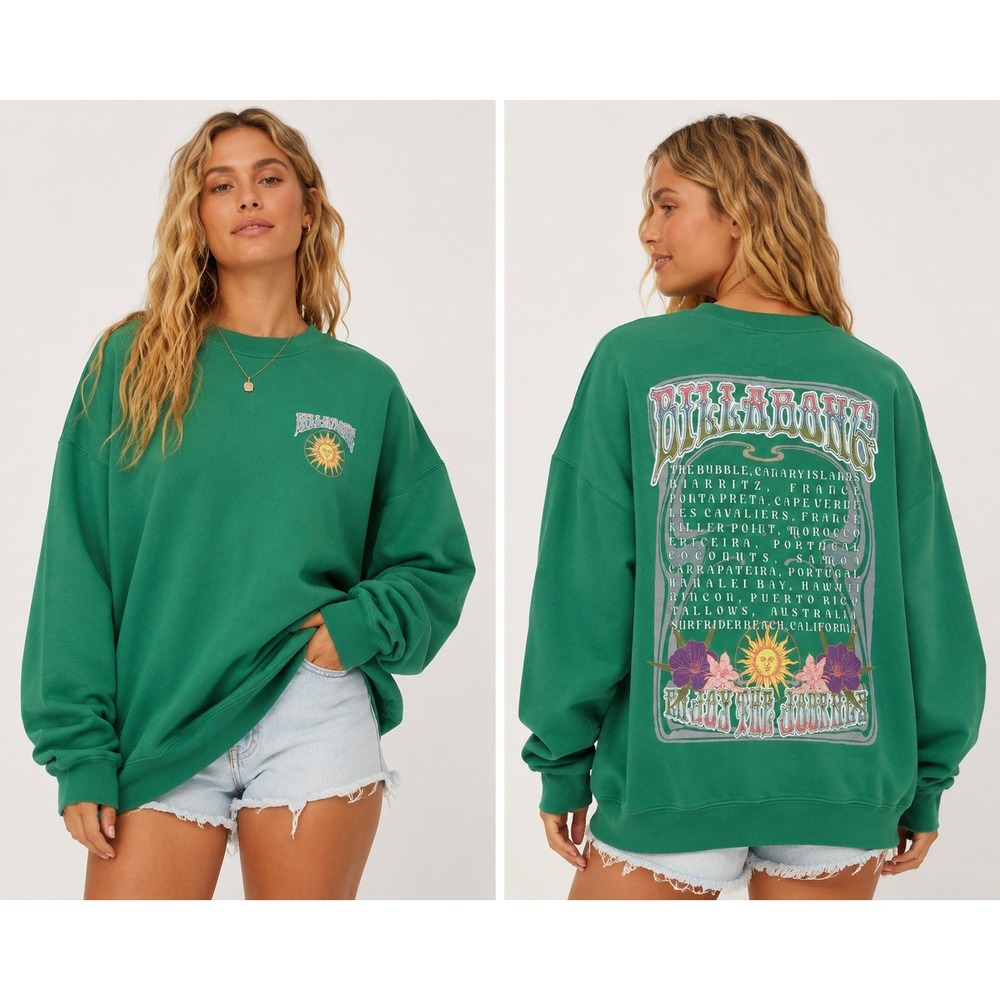 Billabong Womens Green Oversized Graphic Sweatshirt Surf Journey Sun M 24B414409